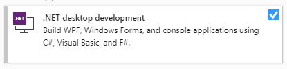 Shows the .NET desktop development option from the Visual Studio installer selected