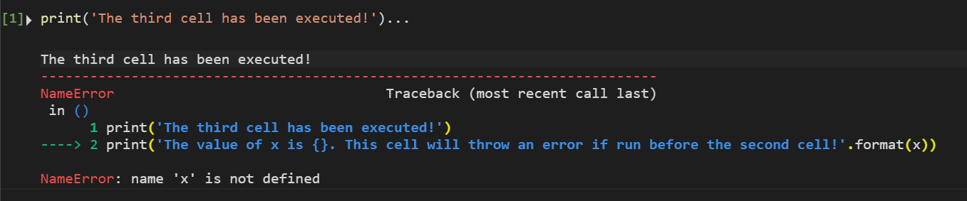 A Jupyter Notebooks error after running the third cell, stating "name 'x' is not defined"