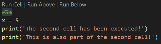 A Jupyter Notebooks code cell with three options above the code for "Run Cell", "Run Above" and "Run Below"