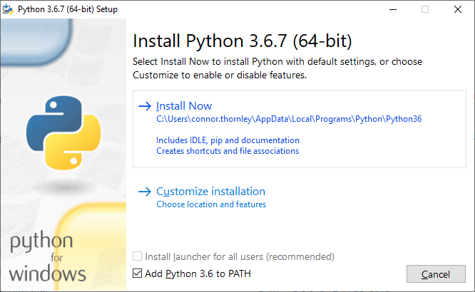 Python Setup window. It shows the 'Add Python 3.6 to PATH' checkbox is ticked and the 'Install Now' button is highlighted.