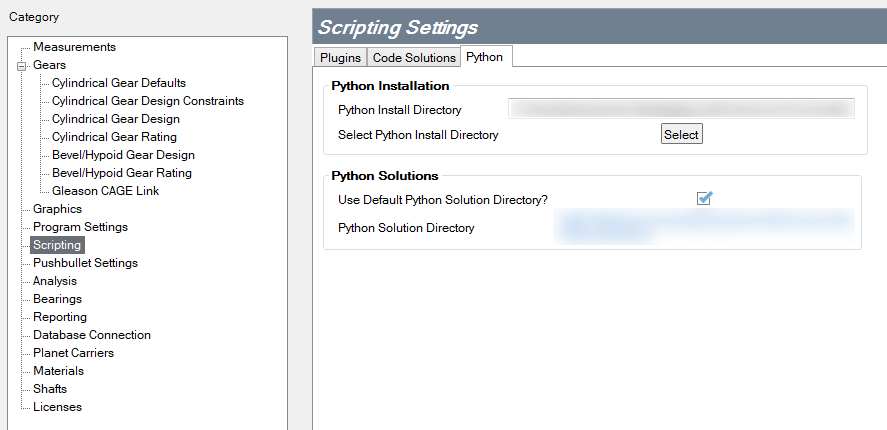 The Python Scripting settings menu with the Select Python Install Directory button highlighted