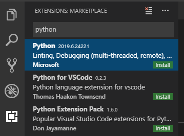 Entering python into the search and clicking install on the first option