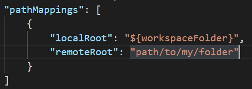 The "remoteRoot" field has been highlighted and modified to equal path/to/my/folder