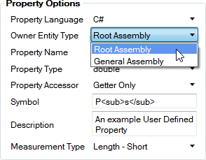 Property Options with the Owner Entity Type drop-down selected