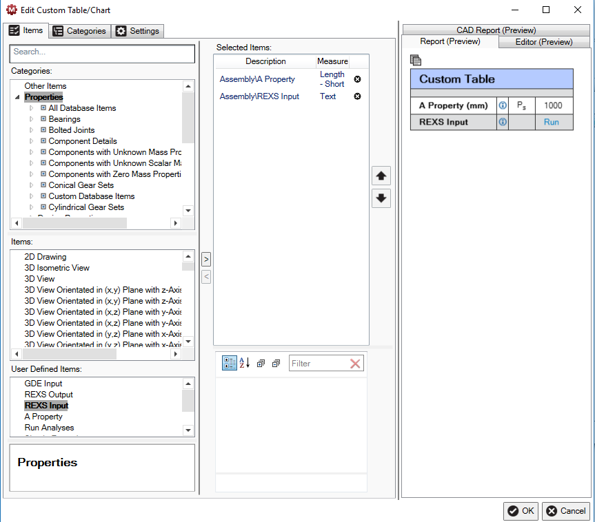 A User Defined Property listed in a Custom Table inside a Custom Report