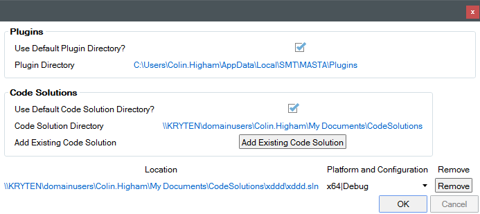 Scripting settings with the default directory checkboxes highlighted