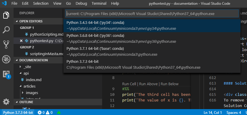 Available Python versions A drop-down menu in Visual Studio Code, listing the available Python versions to be made active