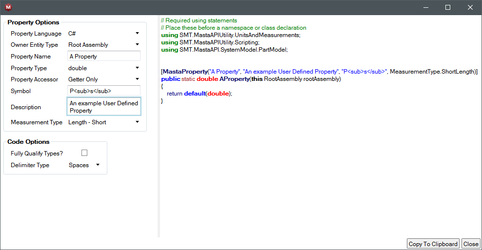 Code Solution Properties window with Property Options and Code Options highlighted