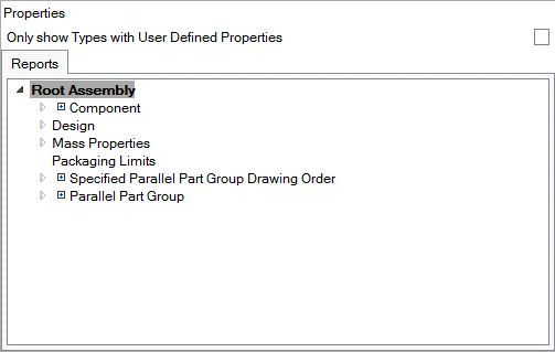 The Properties Entity Tree with the "Only show Types with User Defined Properties" option highlighted