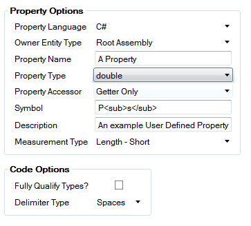 The Property Options and Code Options sections with their fields filled in