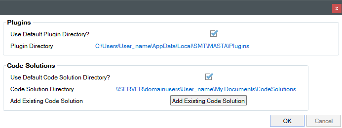Edit Scripting Settings window Edit Scripting Settings window with settings for Plugins and Code Solutions