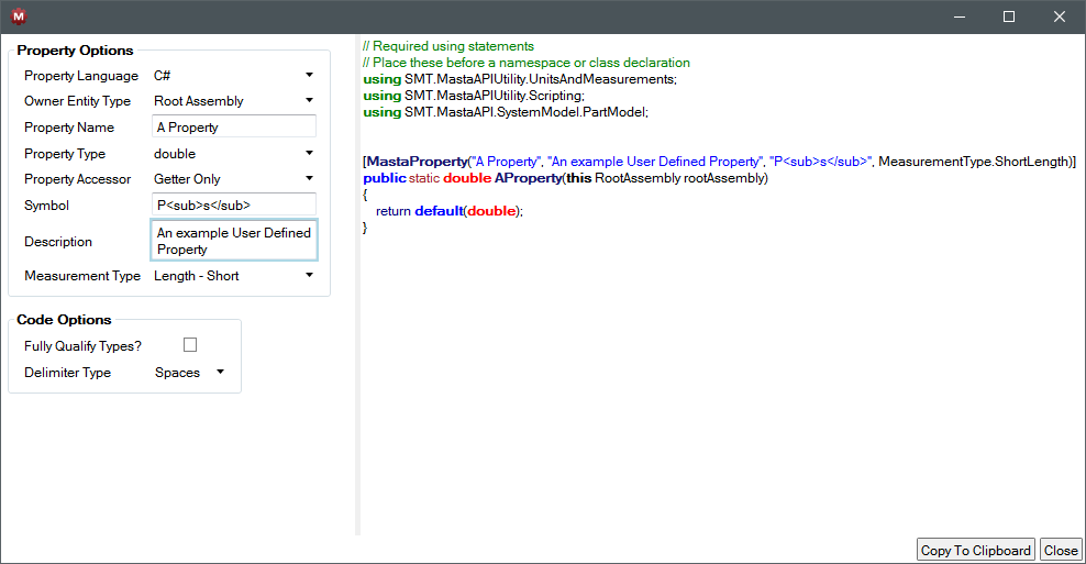 Code Solution Properties Code Solution Properties window with Property Options and Code Options highlighted
