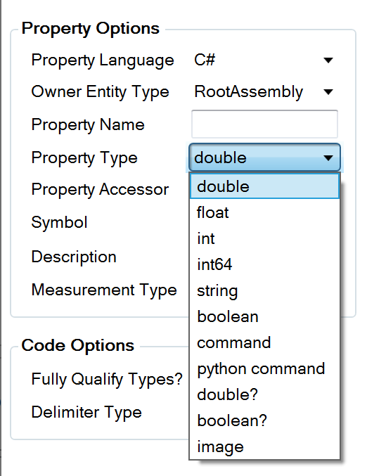 Property Options with the Property Type drop-down selected