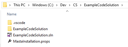 Generated File structure File Explorer showing the generated file structure with the ExampleCodeSolution folder highlighted