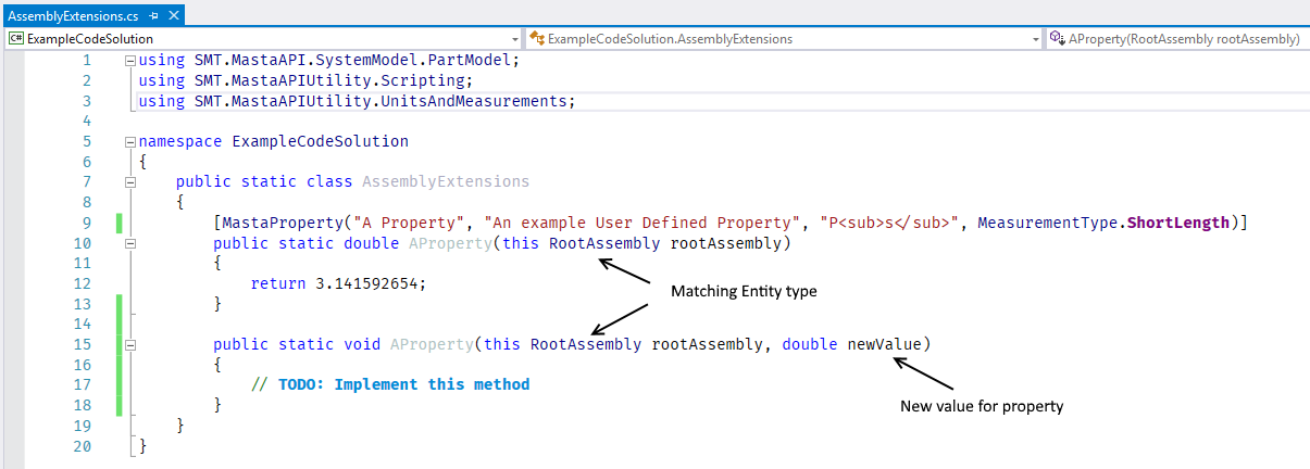 User Defined Property setter C# code showing an addition extension method for setting the value of a User Defined Property
