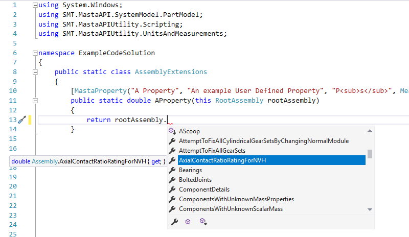 Intellisense Intellisense showing code completion options for the root assembly on the User Defined Property