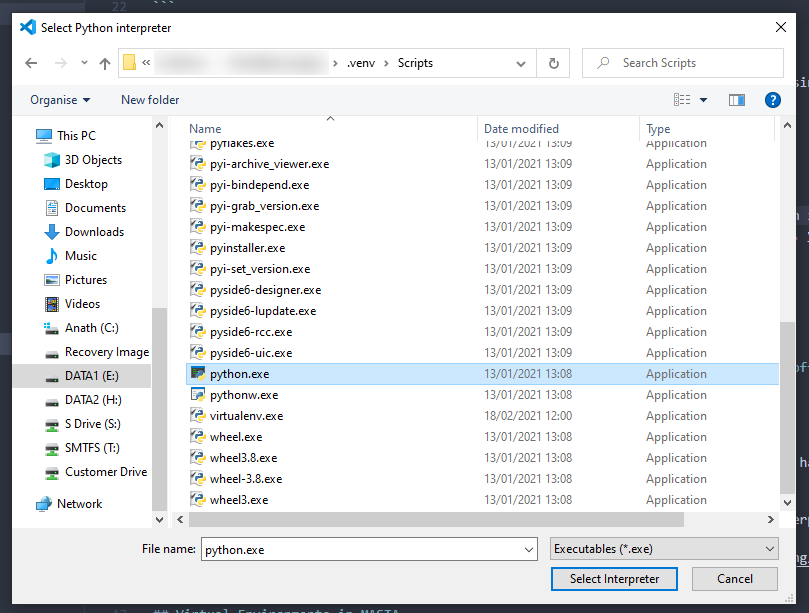 Selecting the Python interpreter.
