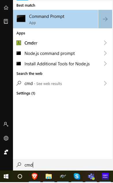 Searching for cmd Typing "cmd" into the windows search bar and selecting Command Prompt from the "Best Match" results