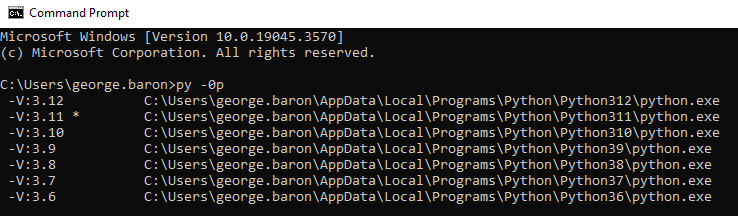 Typing "python" into Command Prompt and the resulting Python Version