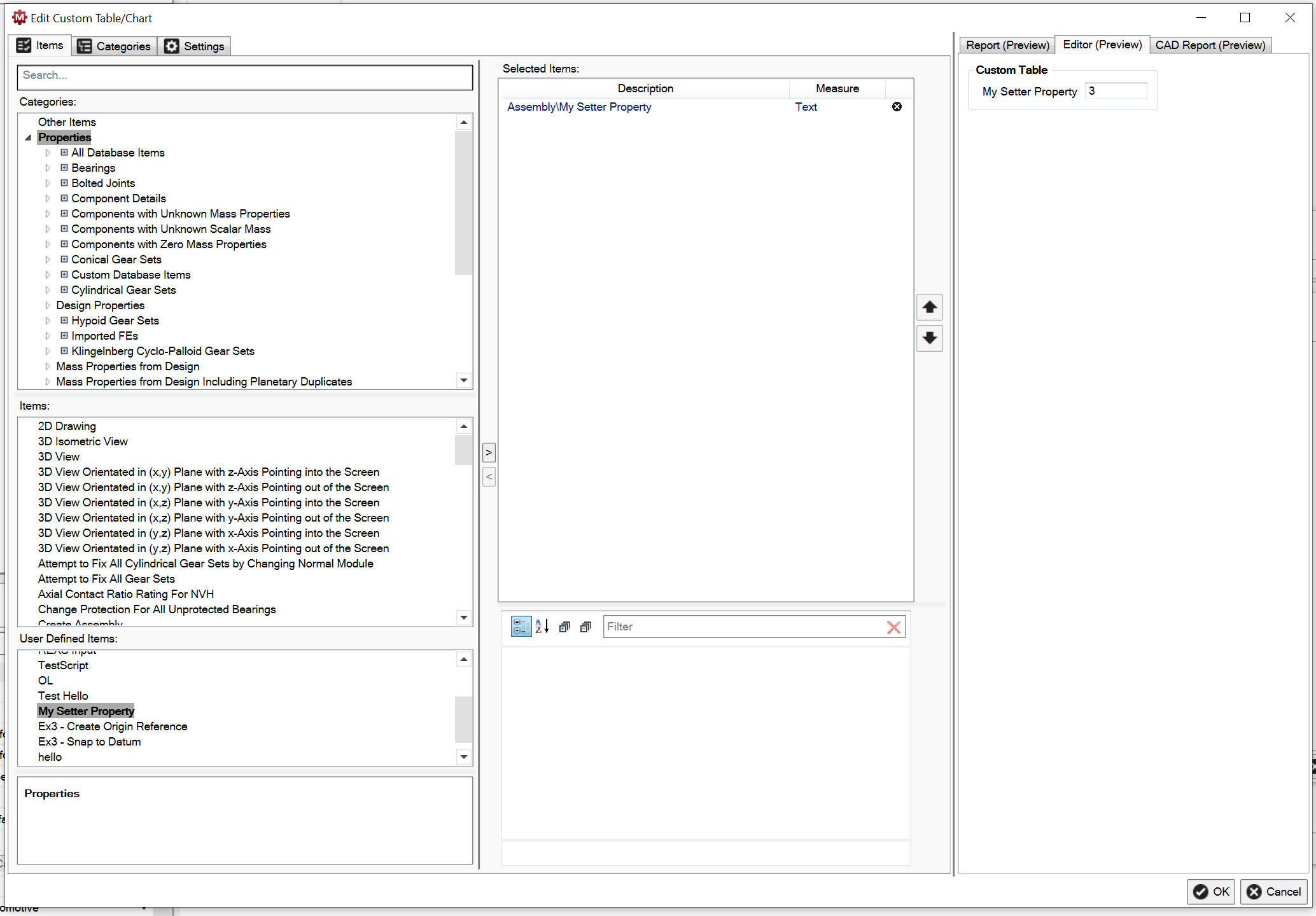 The Edit Custom Table/Chart dialog The dialog option for editing a custom table or chart. Various sections are highlighted to show how a MASTA property can be added to a table.