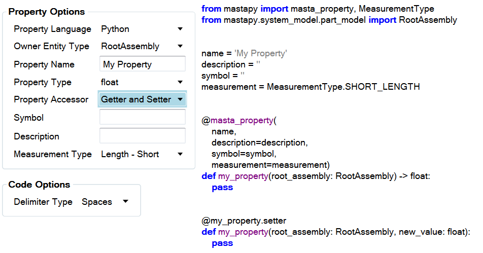 Generating a MASTA Property Setter A generated Python property setter stub.